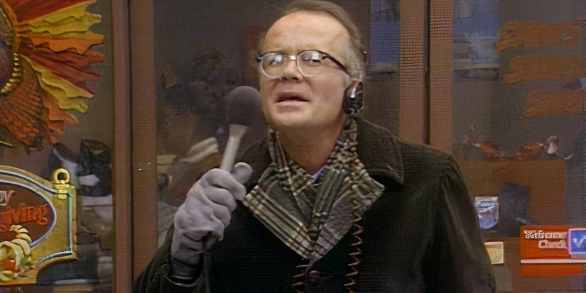 Les Nessman fazendo um relatório sobre os perus caindo do céu no episódio de WKRP in Cincinnati “Turkeys Away.”