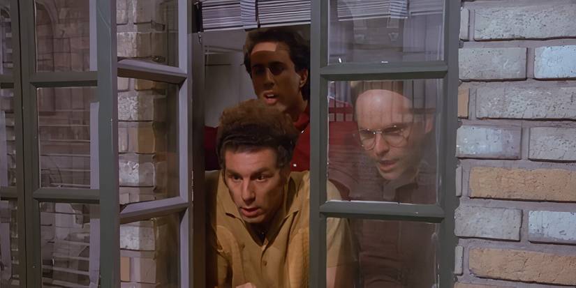 Jerry, Kramer, and George looking out the window and watching a naked woman in her apartment in the Seinfeld episode "The Contest."
