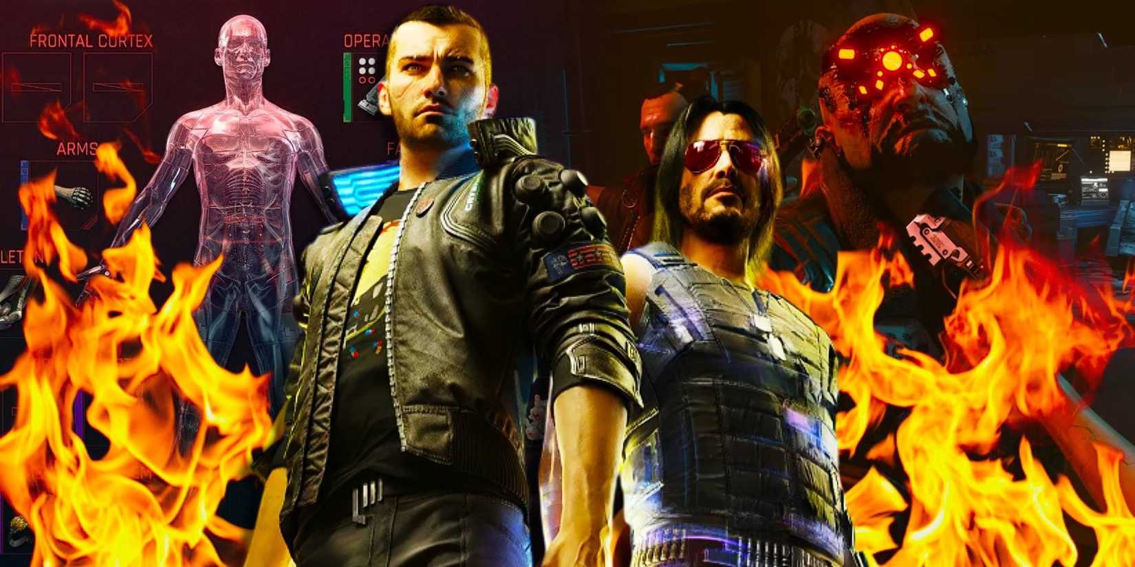 V and Johnny from Cyberpunk 2077 standing in front of flames and gameplay.