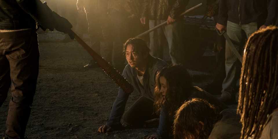 Negan brandishing his bat Lucille in The Walking Dead