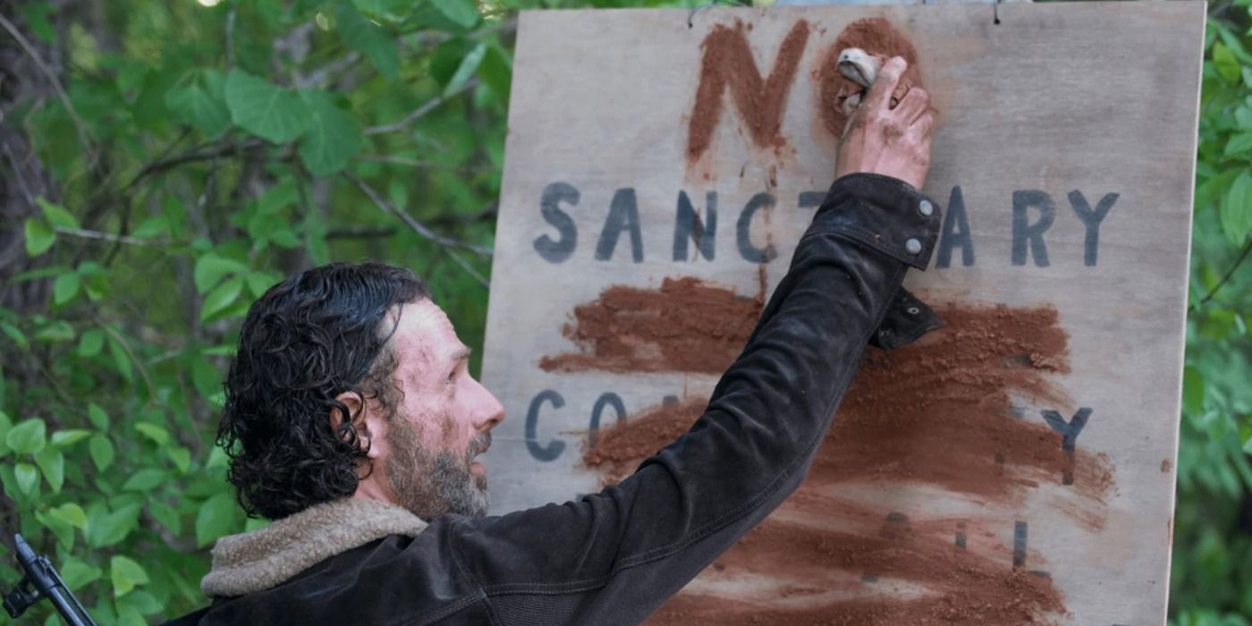 Rick changes the Terminus sign to say No Sanctuary in The Walking Dead