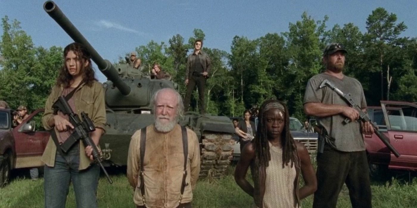 Hershel and Michonne as the Governor's hostages in The Walking Dead