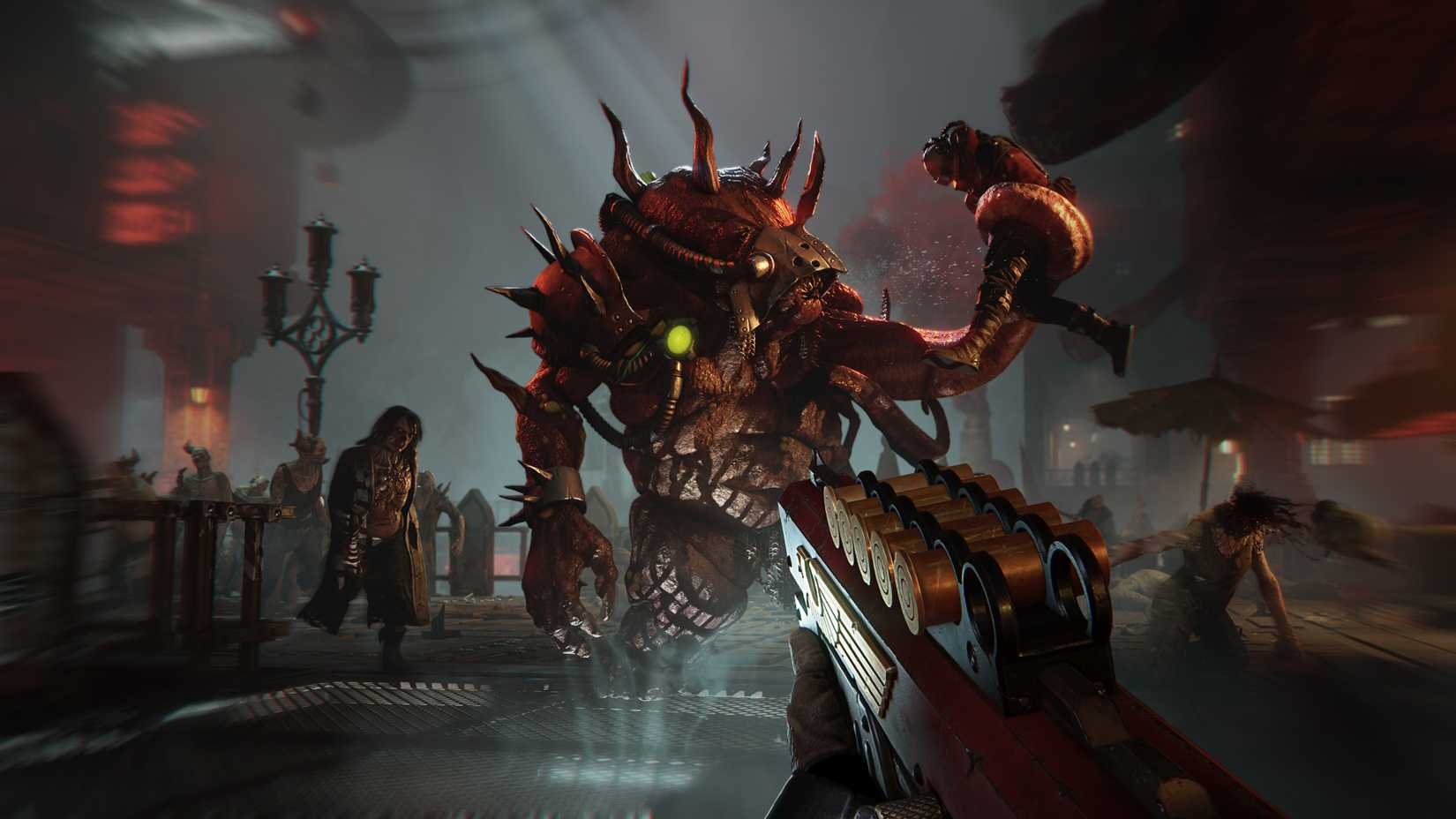 Warhammer 40K Darktide Arbite pointing a shotgun at a monster.