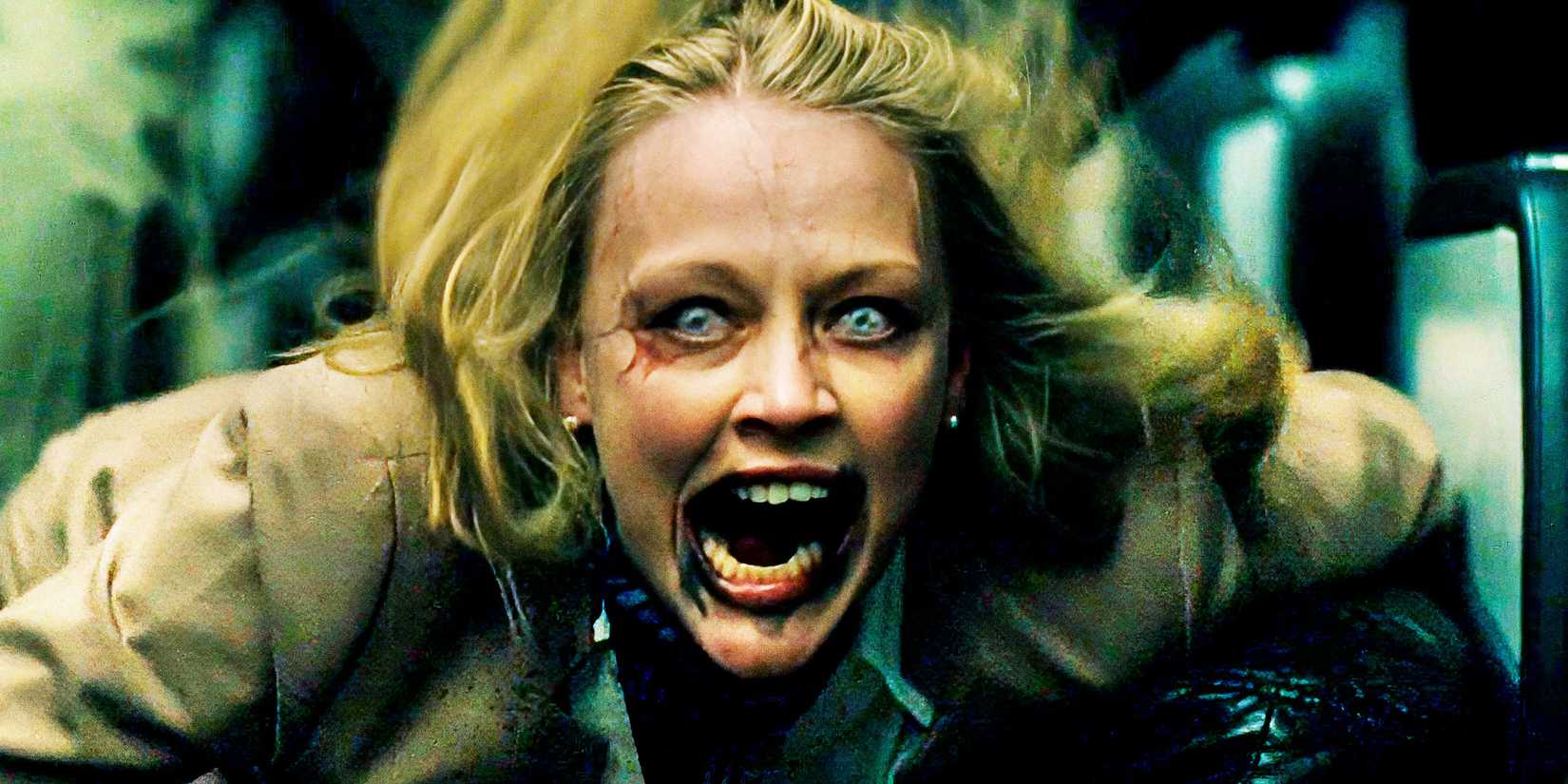 woman zombie screaming with mouth wide open in world war z