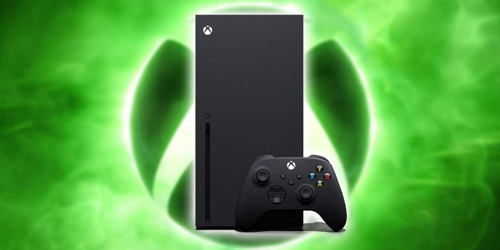 Xbox Series X console in front of the Xbox logo