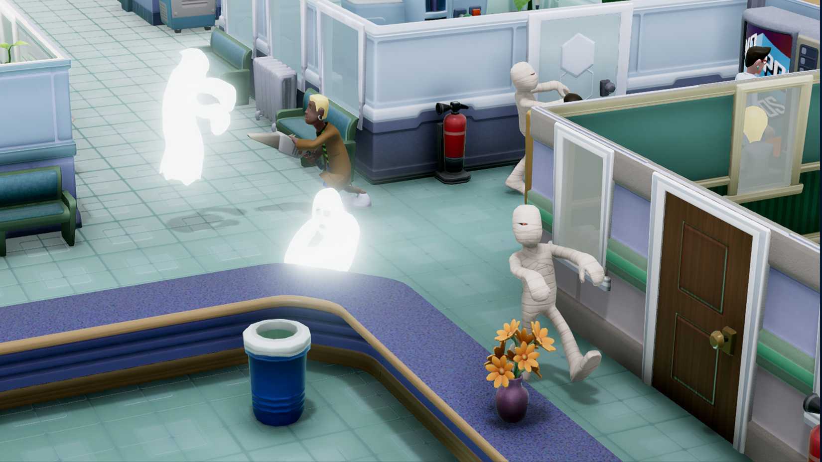 Zombies and ghosts walking through a hospital hallway in two point hospital