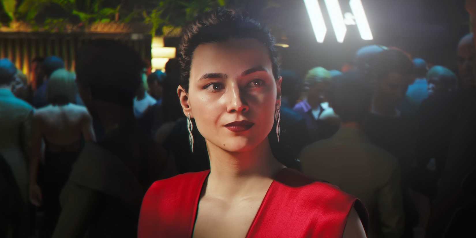 007 First Light woman in a red dress.
