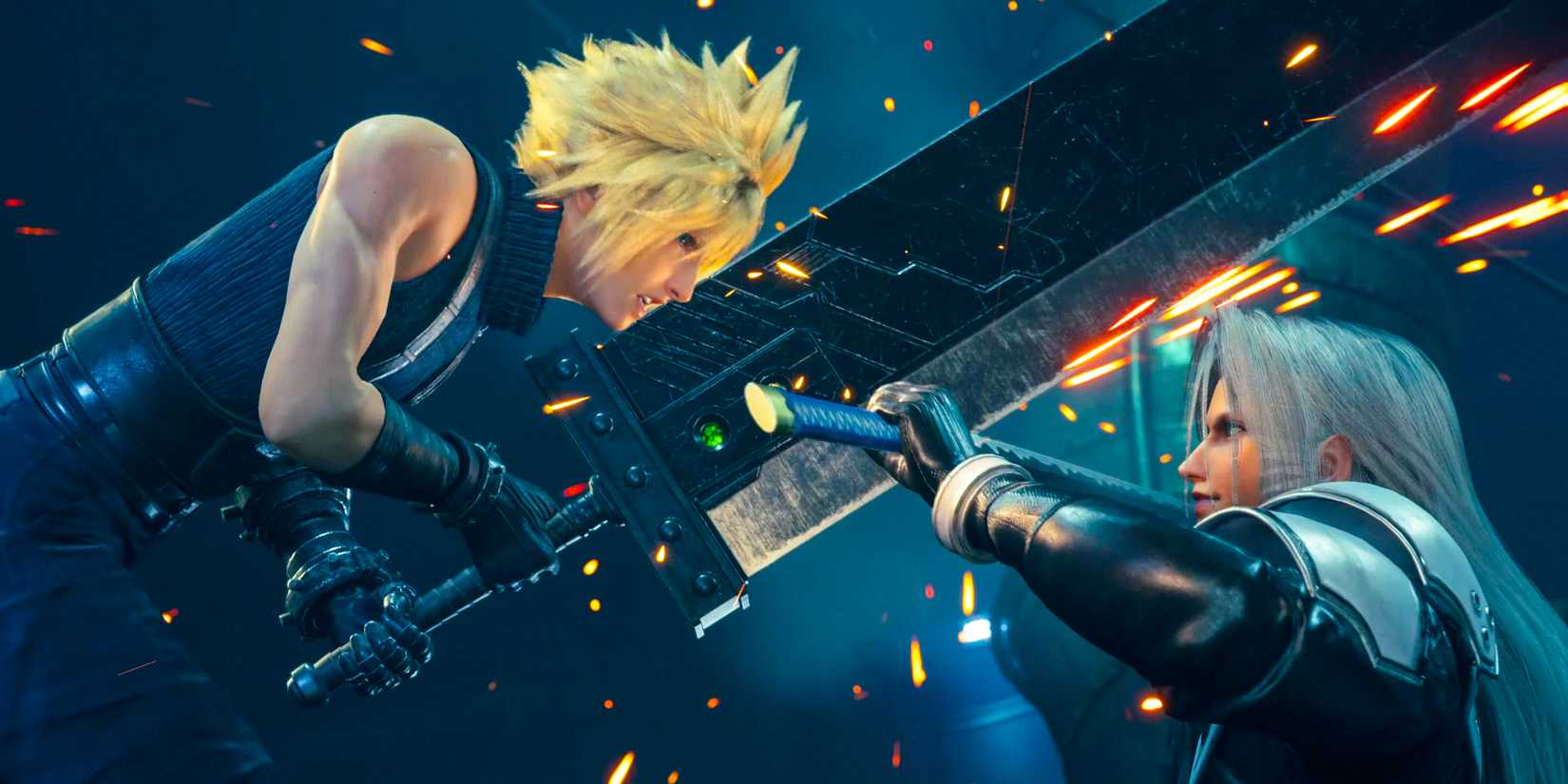 Cloud and Sephiroth face off in battle with their swords