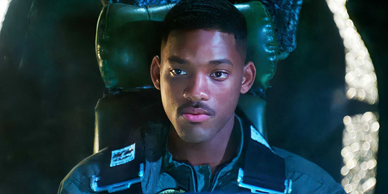 Will Smith as Captain Steven Hiller in his jet, looking defeatedly off camera in Independence Day.