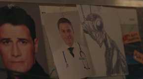A murder board in Resident Alien with Joseph, Harry and the Mantid