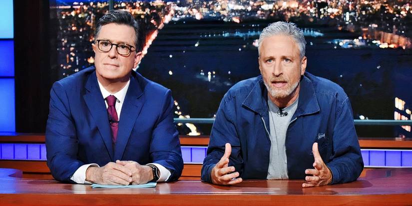 Stephen Colbert and Jon Stewart side by side on The Late Show