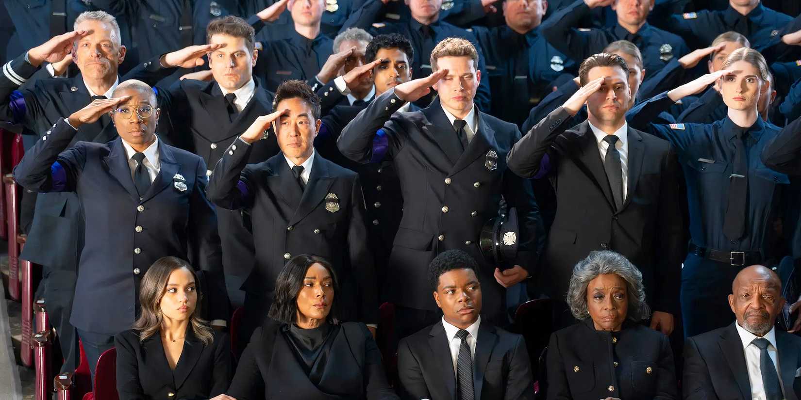 Group salute at Bobby's funeral in 9-1-1