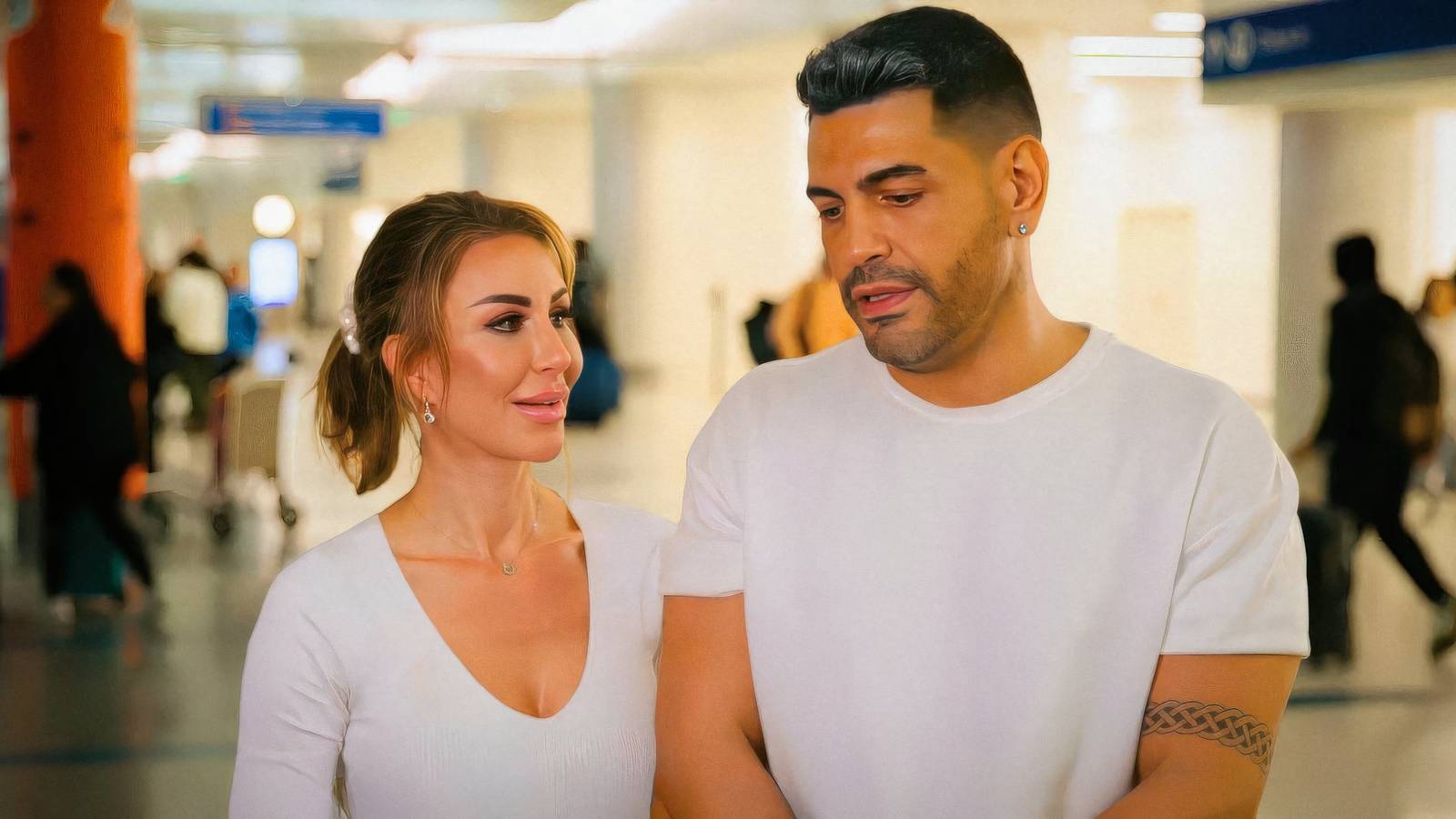 90 day fiance season 11 stars sarper guven and shekinah garner wearing white and talking out in public