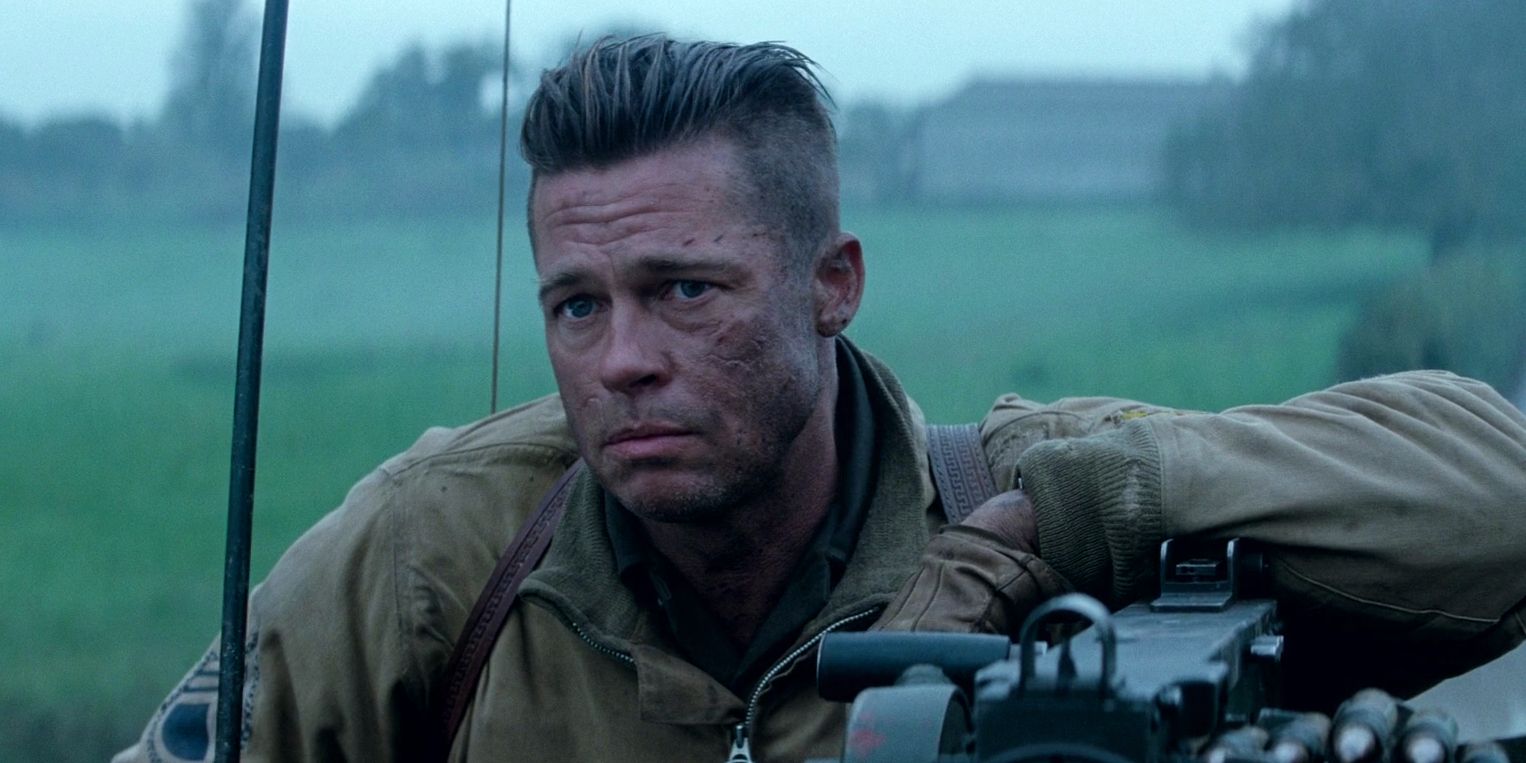 A dirtied Brad Pitt looking sullen in Fury