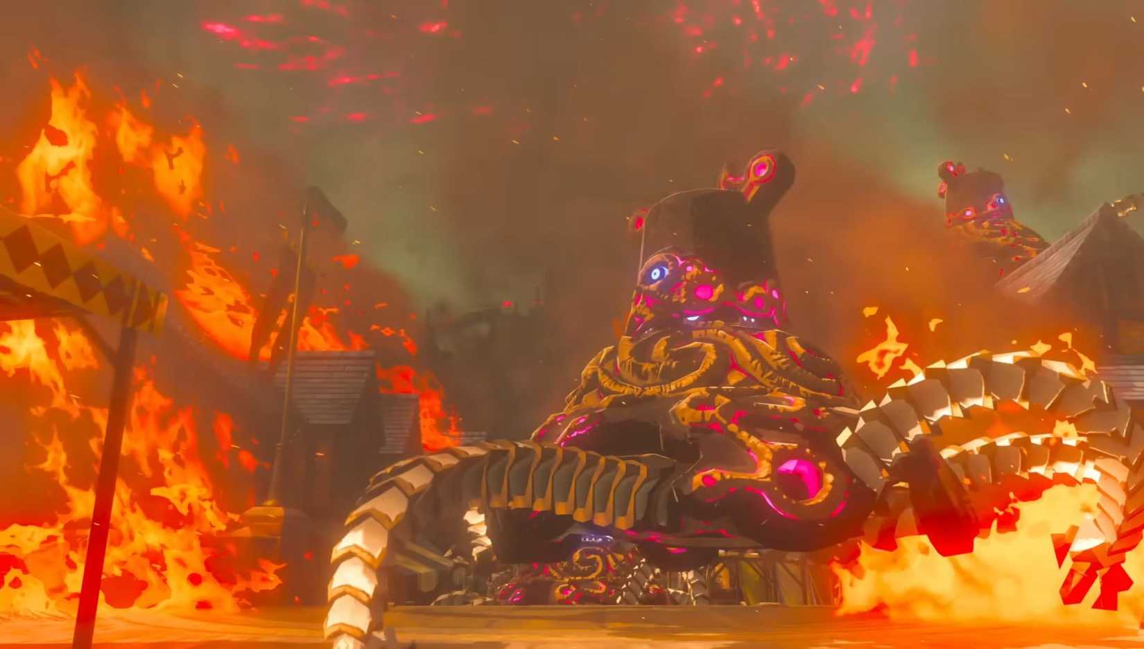 A guardian crawling over fire in a town in The Legend of Zelda_ Breath of the wild