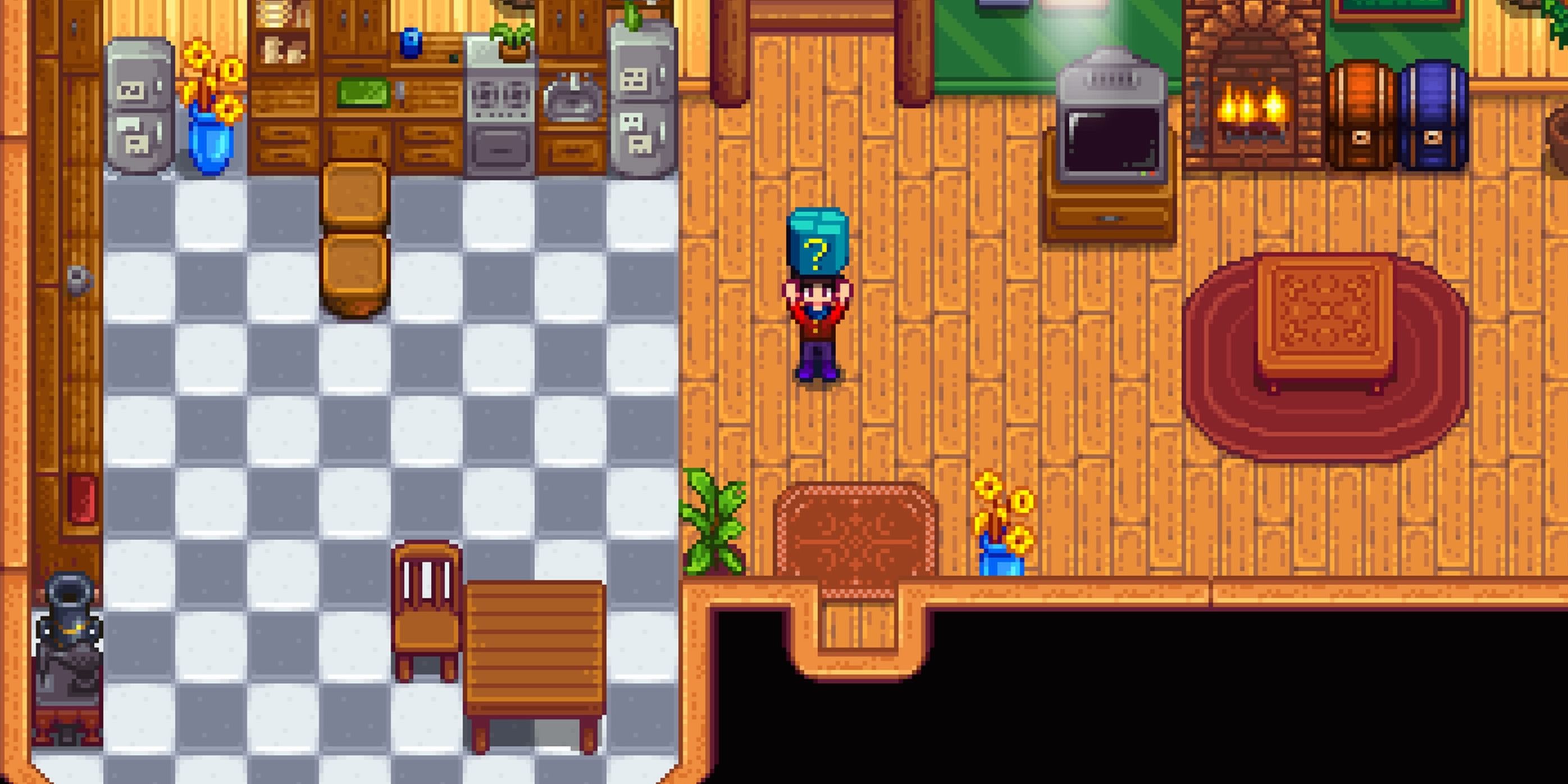 A Stardew Valley player standing in a custom house with a mystery box.