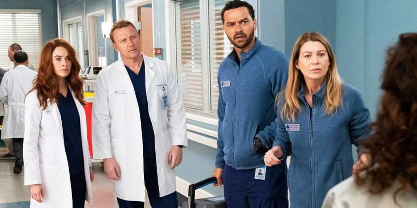 Abigail Spencer as Megan Hunt, Kevin McKidd as Owen Hunt, Jesse Williams as Jackson Avery and Ellen Pompeo as Meredith Grey in Grey's Anatomy