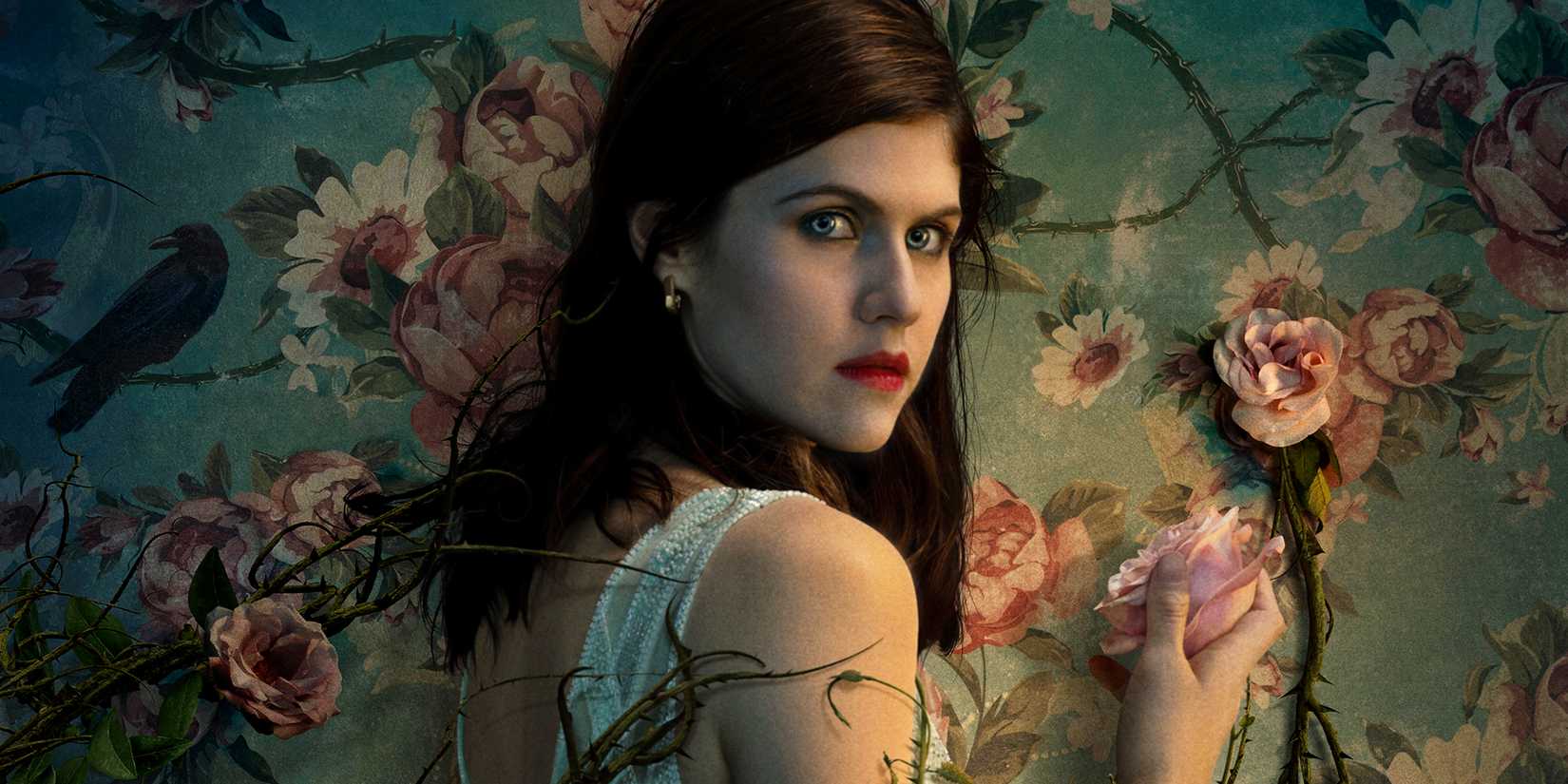 Alexandra Daddario holding a flower in Mayfair Witches poster