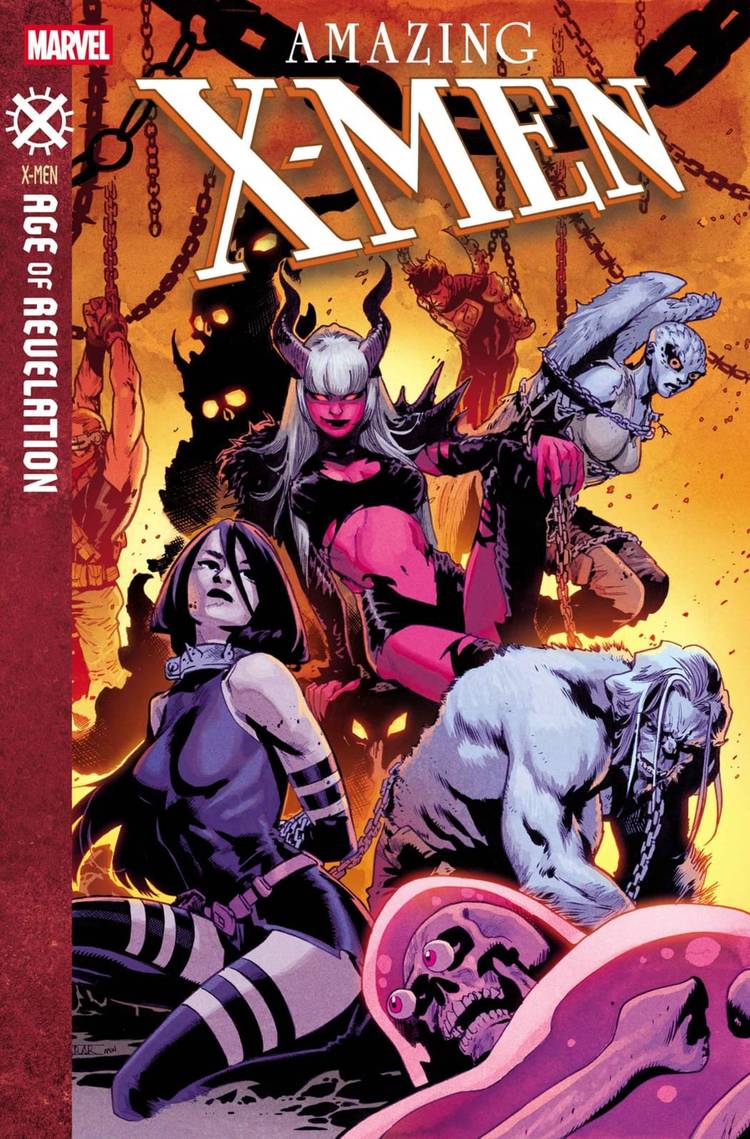 Amazing X-Men #2 cover, Magik on her demonic throne surrounded by her mutant servants