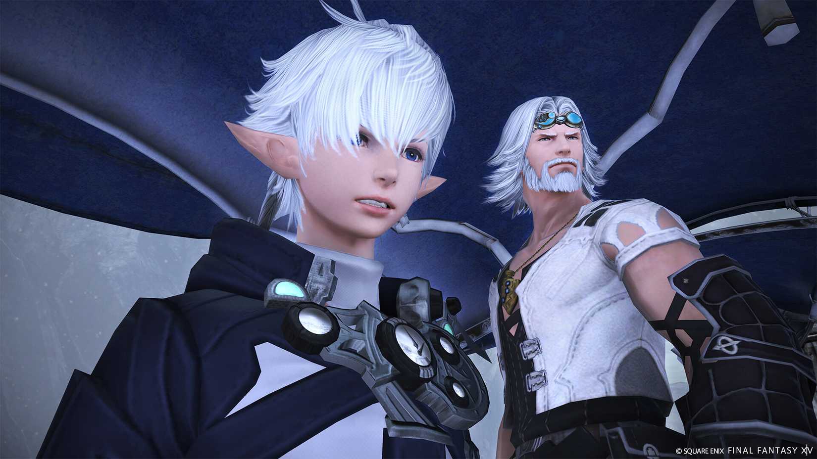 An elf with white hair looking annoyed while a man with white hair stands behind him staring at the same thing off-screen in FFXIV
