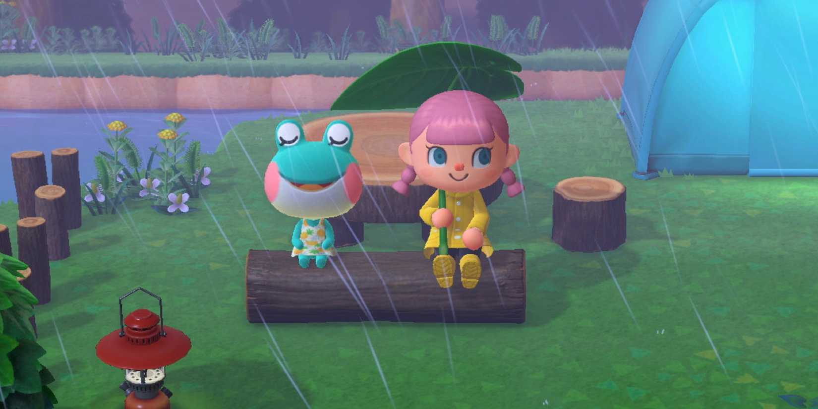Animal Crossing New Horizons screenshot of a character and Lily sitting on a log in the rain.