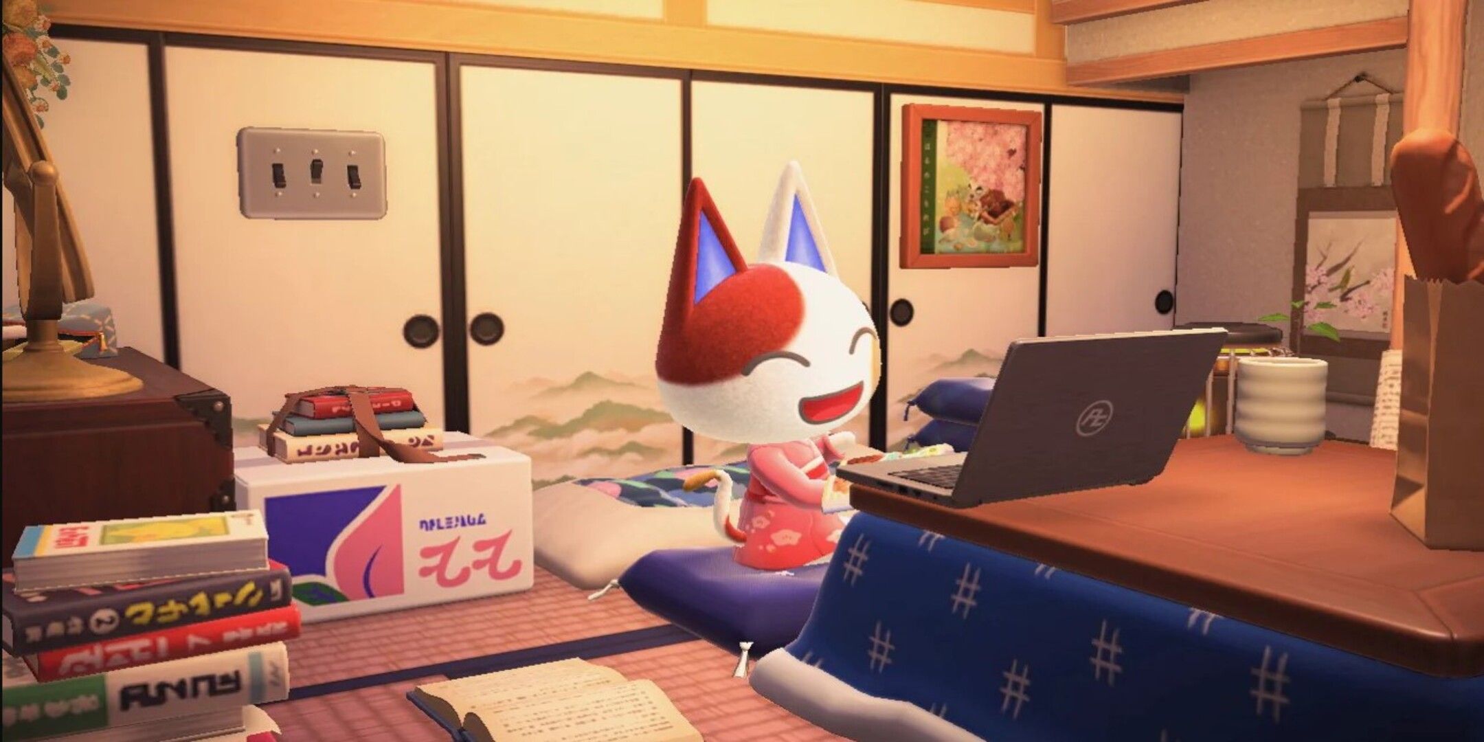 Animal Crossing New Horizons Villager using a laptop in their home.