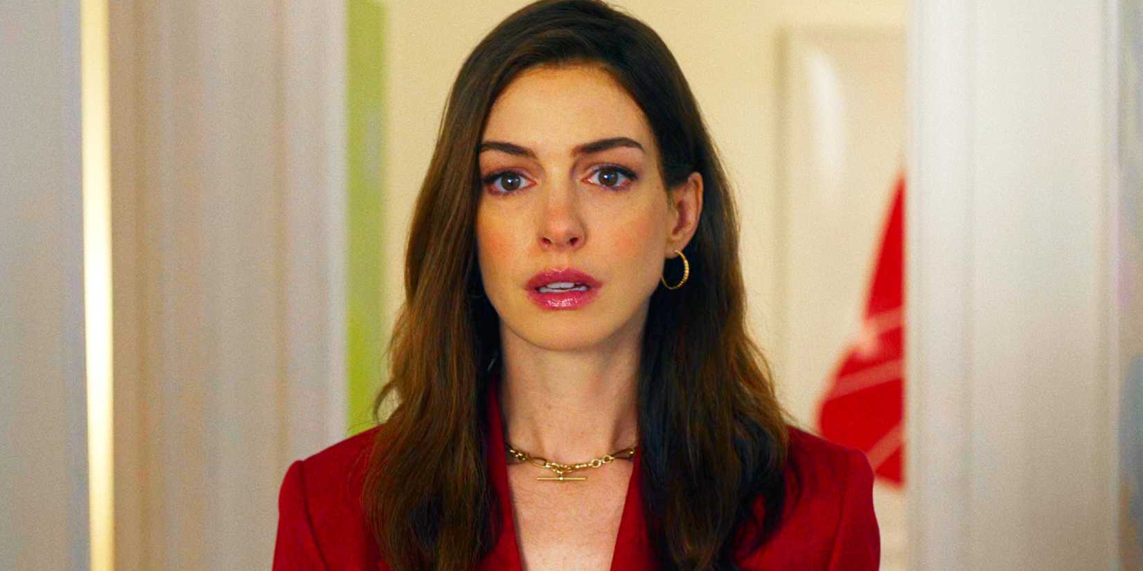 Anne Hathaway looking worried as Solene in The Idea of You