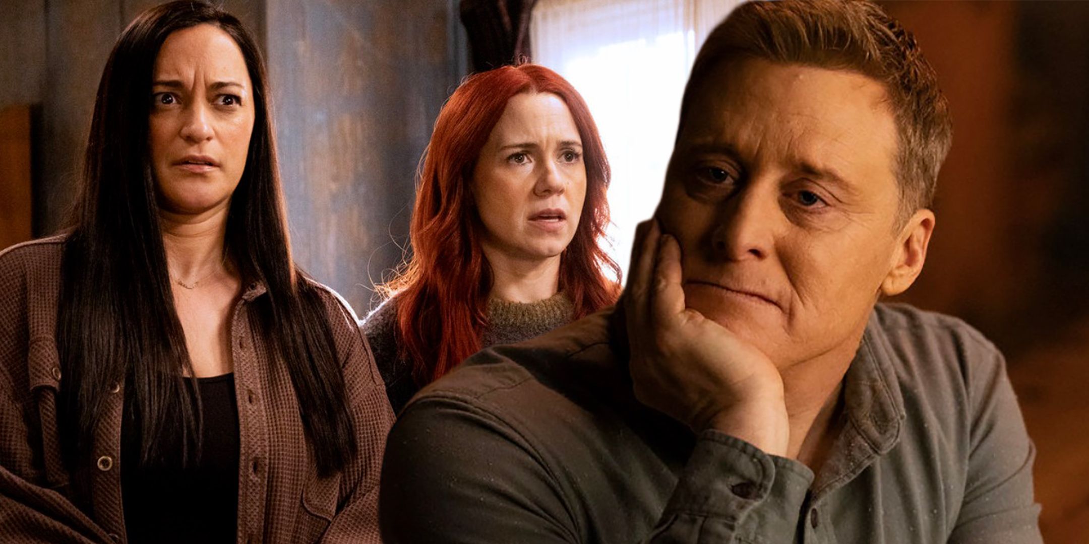 Asta and D'Arcy looking worried and Harry looking somber with his head leaning on a hand in Resident Alien season 4