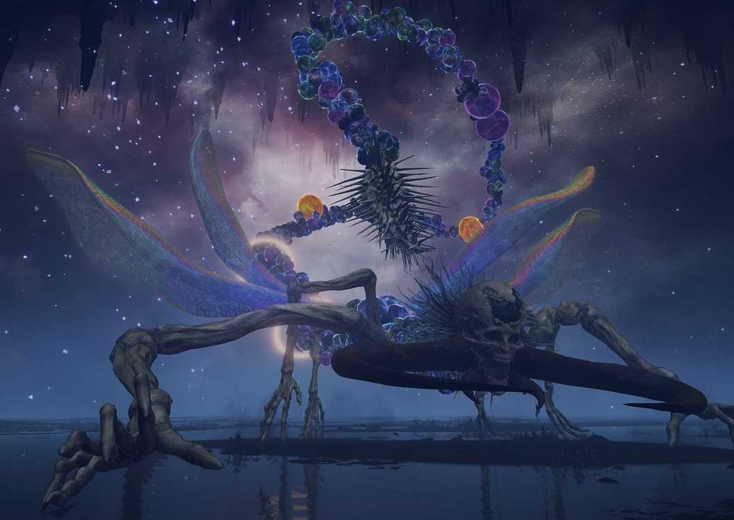 Astel from elden rin gin a blue nighttime scene
