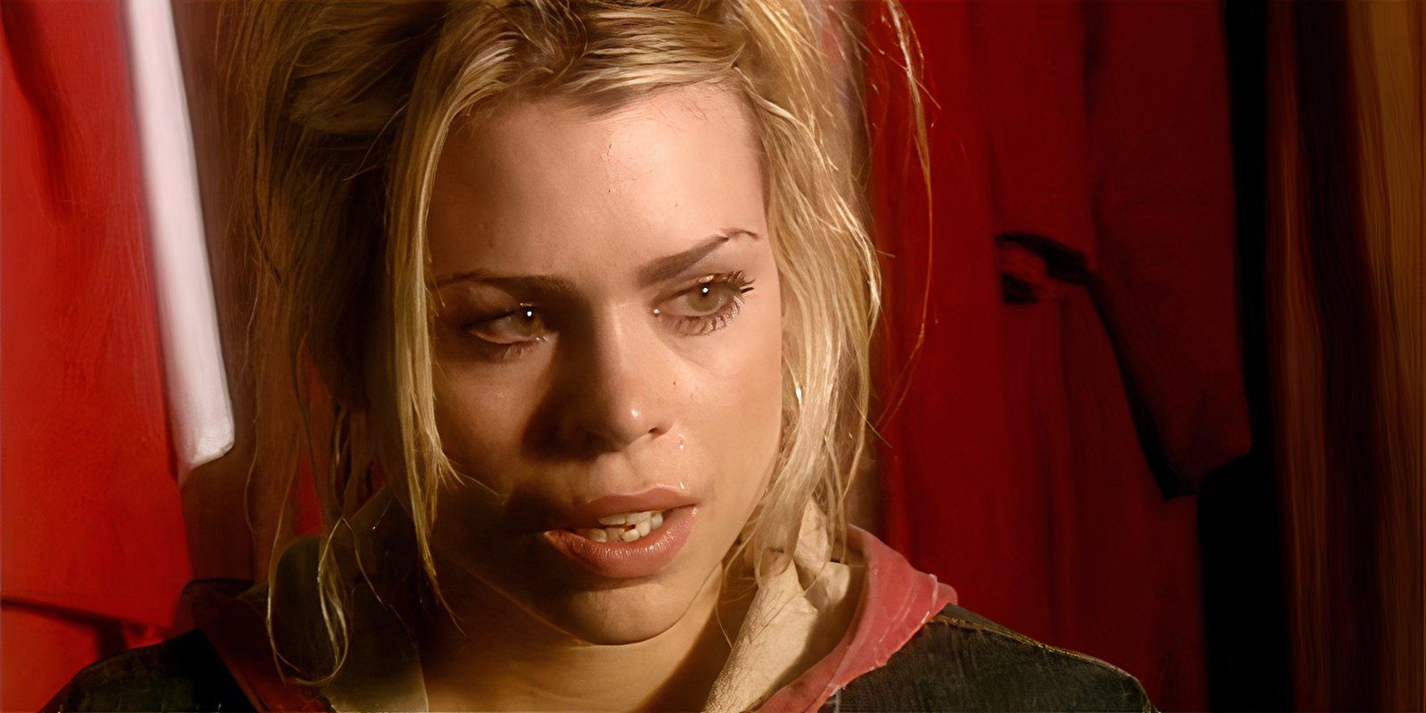 Billie Piper as Rose Tyler crying about her father in the Doctor Who episode 