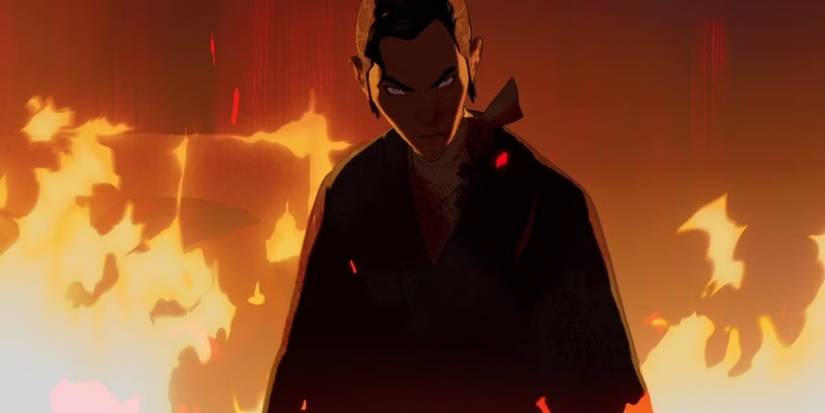 Blue Eye Samurai's Mizu surrounded by fire