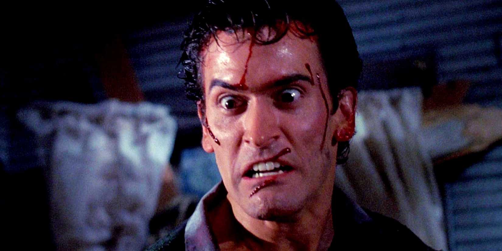 Bruce Campbell as Ash with blood running through in Evil ᴅᴇᴀᴅ II