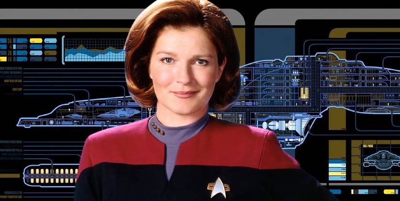 Captain Janeway in front of USS Voyager