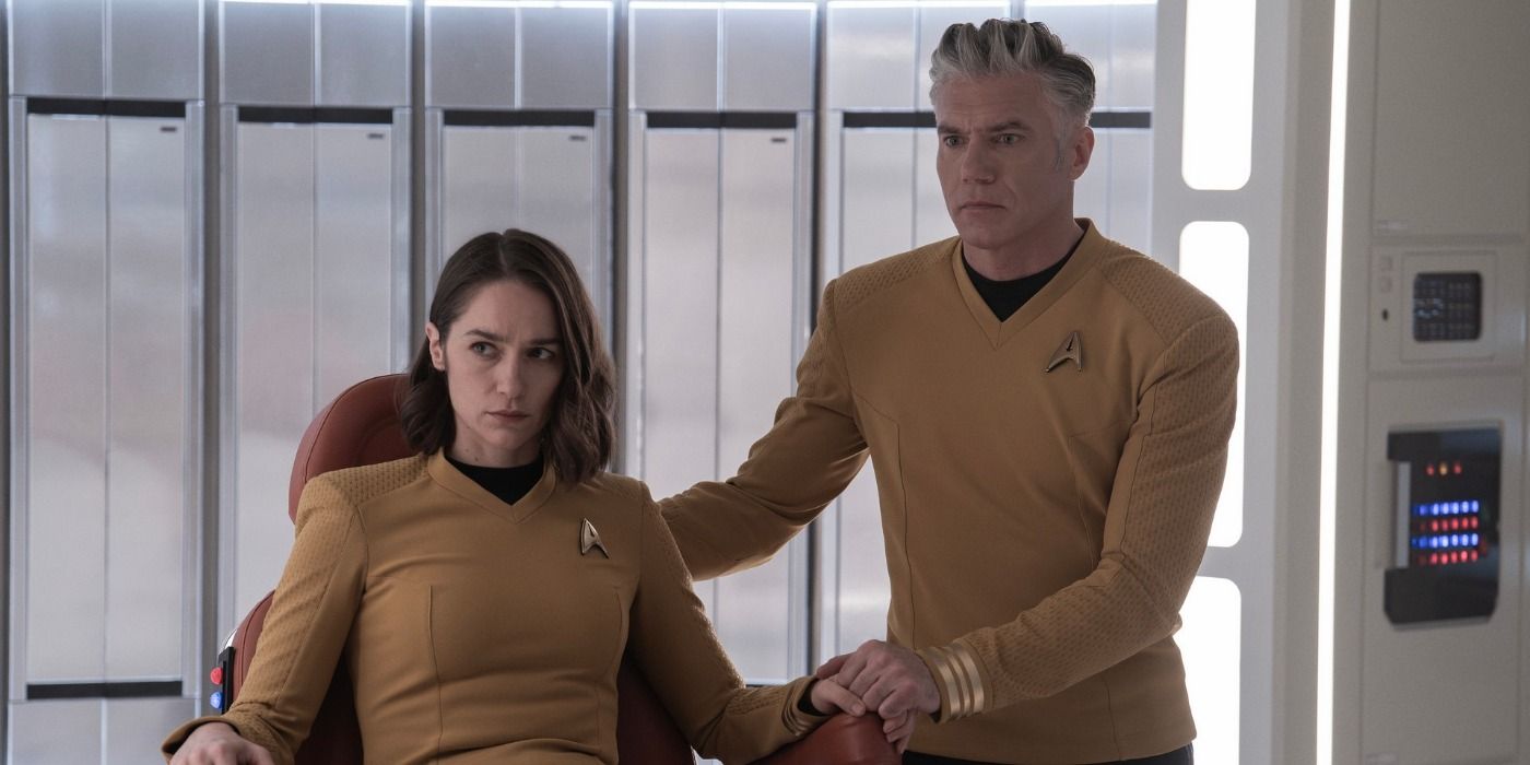 Captain Pike and Captain Batel in sickbay in Star Trek Strange New Worlds season 3 Shuttle to Kenfori