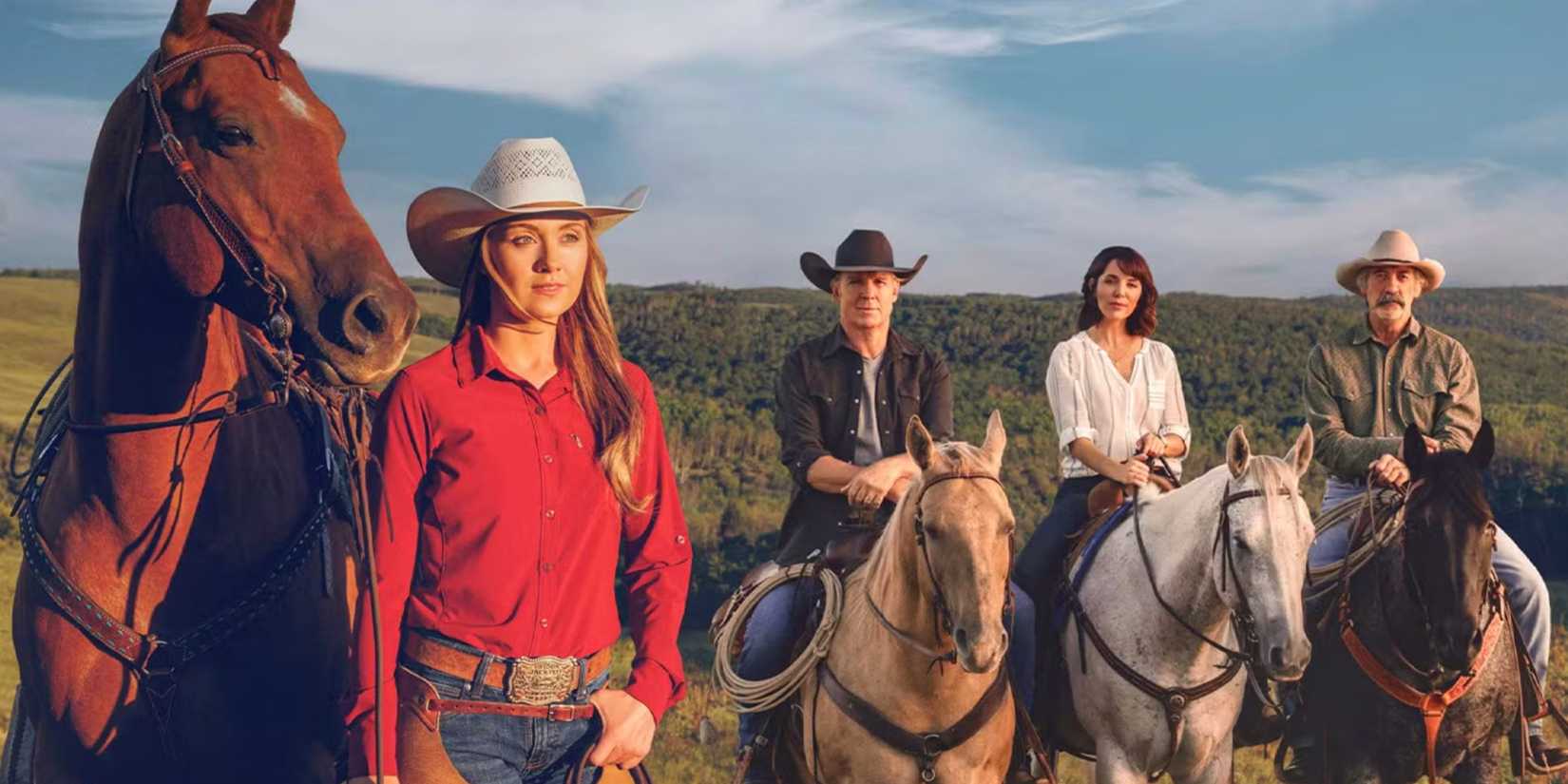 Darsteller von Heartland reiten auf Pferden in einem Werbebild