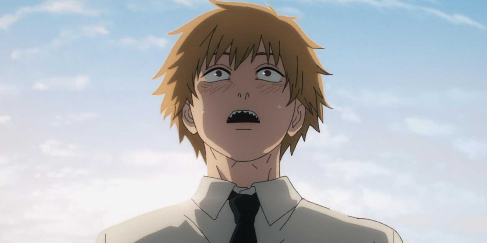 Денджи из "Chainsaw Man", смотрящий вверх, слегка покрасневший с открытым ртом.