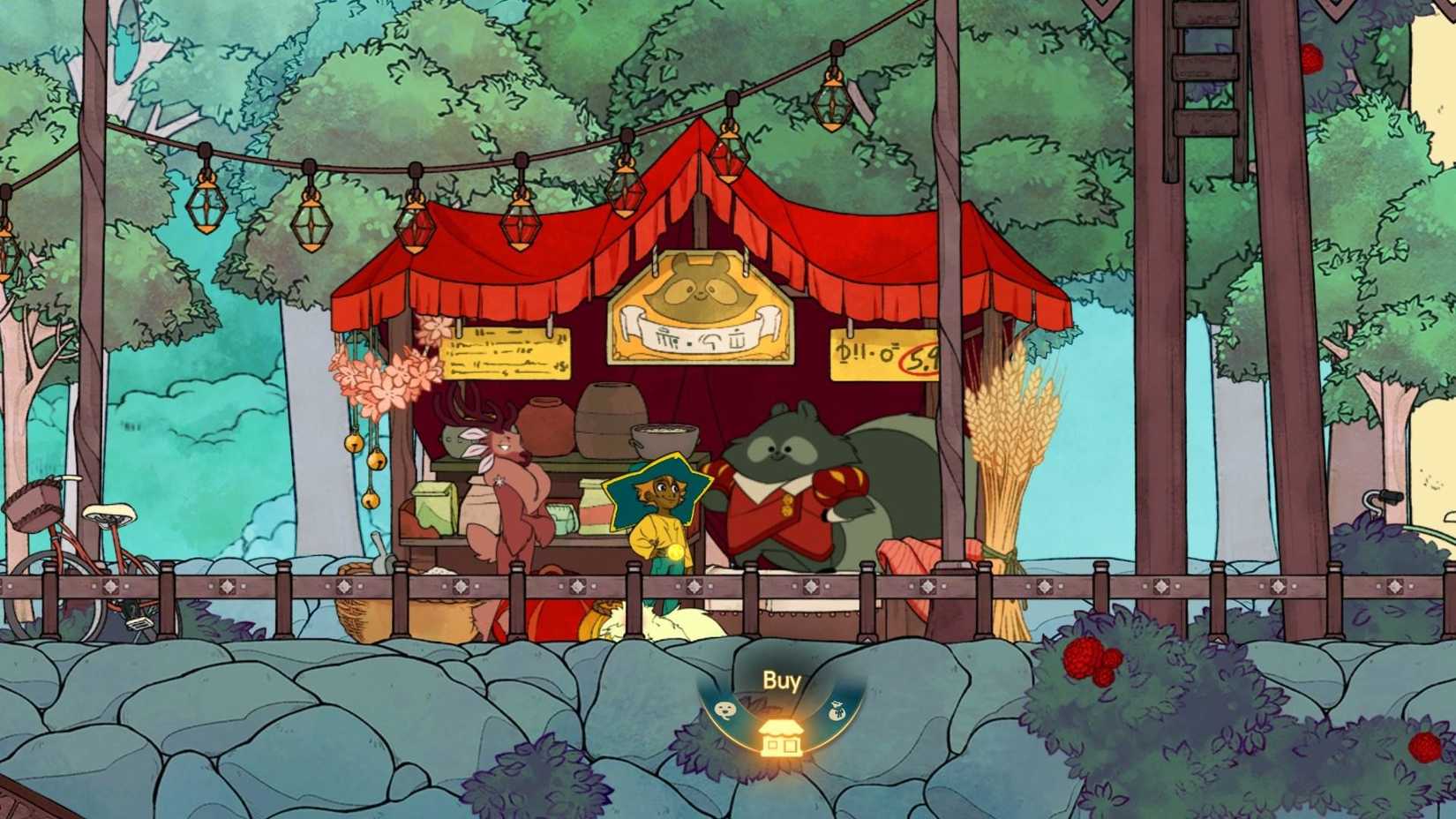 Character talking to a well-dressed racoon and deer creature in Spiritfarer