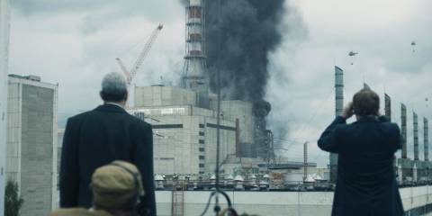 People watching the explosion from a rooftop in Chernobyl on HBO