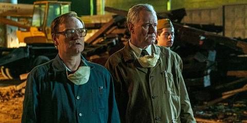 Jared Harris and Stellan Skarsgaard looking off-screen in Chernobyl