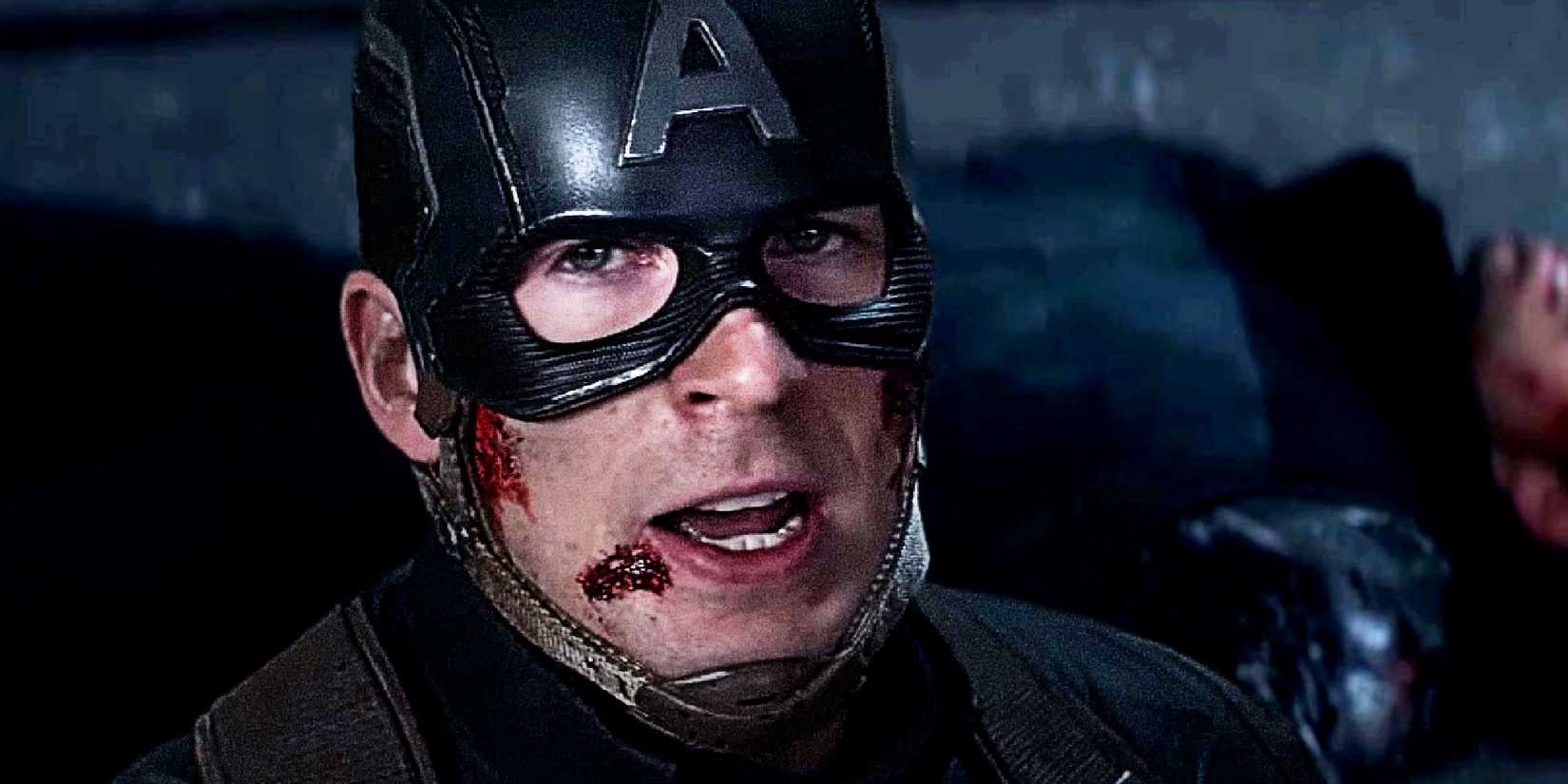 Chris Evans' Steve Rogers bleeds in front of the Winter Soldier in the MCU's Captain America Civil War