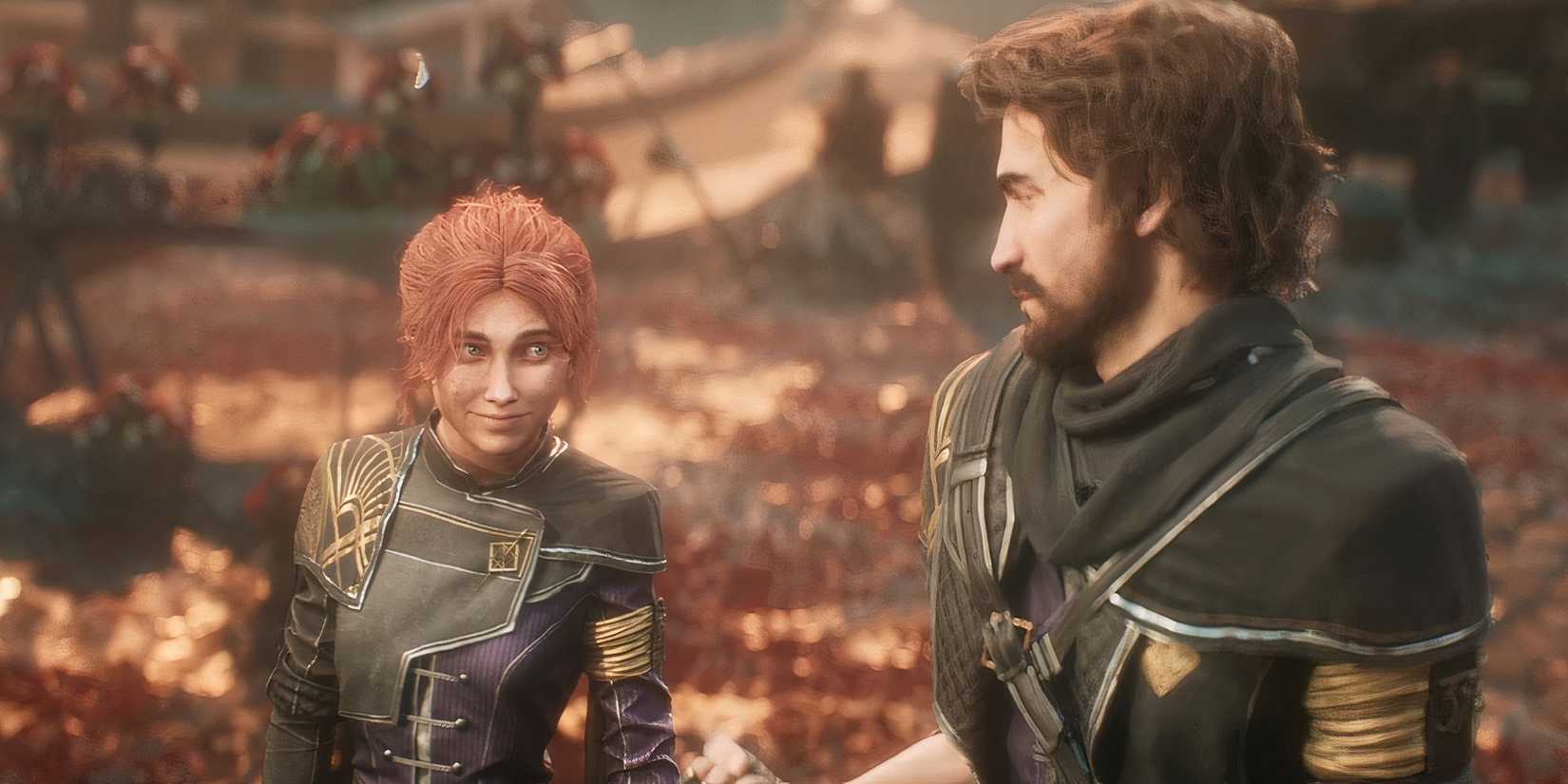 Clair obscur Maelle and Gustave smiling at each other during prologue.