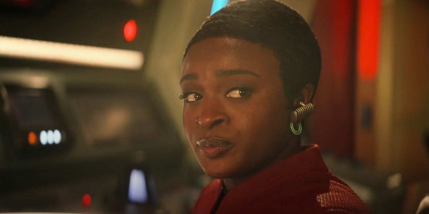 Close-up of Uhura on the Enterprise bridge in Star Trek Strange New Worlds Hegemony Part II