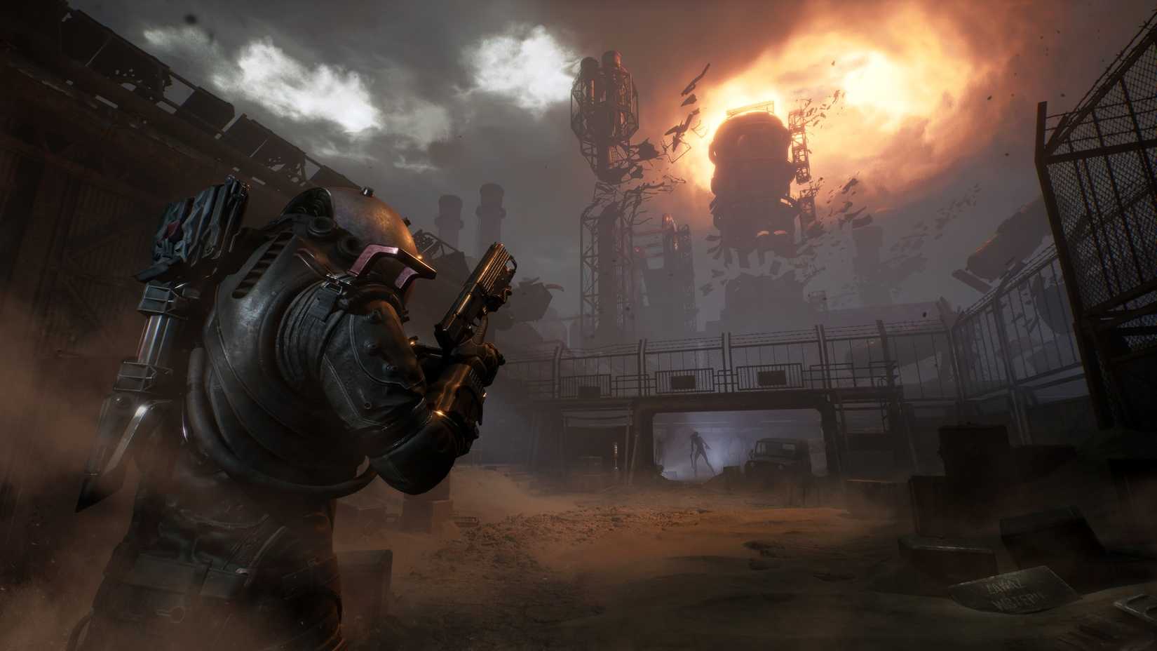 Cronos protagonist stood in front of an industrial tower that's broken in half and is floating in the air.