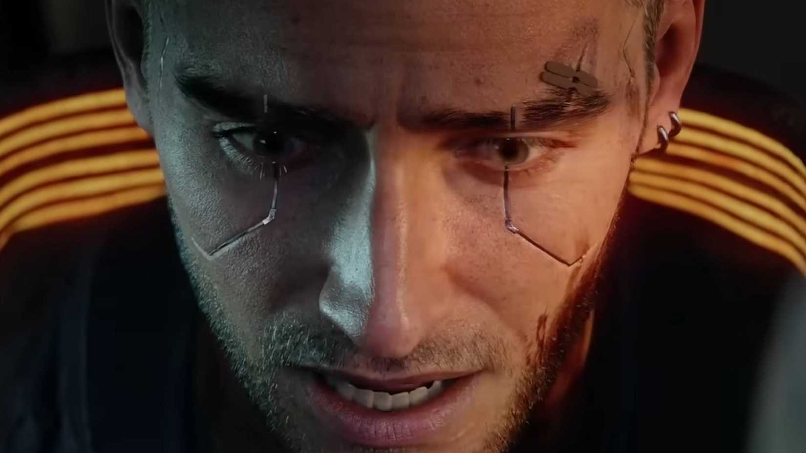 A close-up of V looking sad in Cyberpunk 2077.