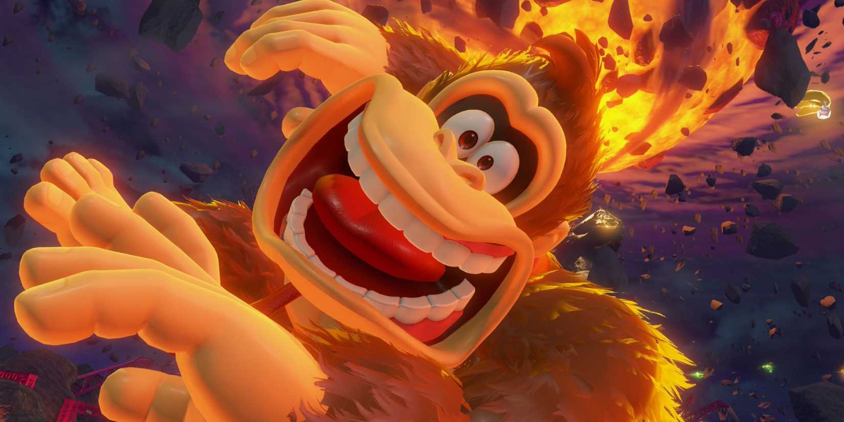 Donkey Kong falling with a fiery ball behind him in Donkey Kong Bananza