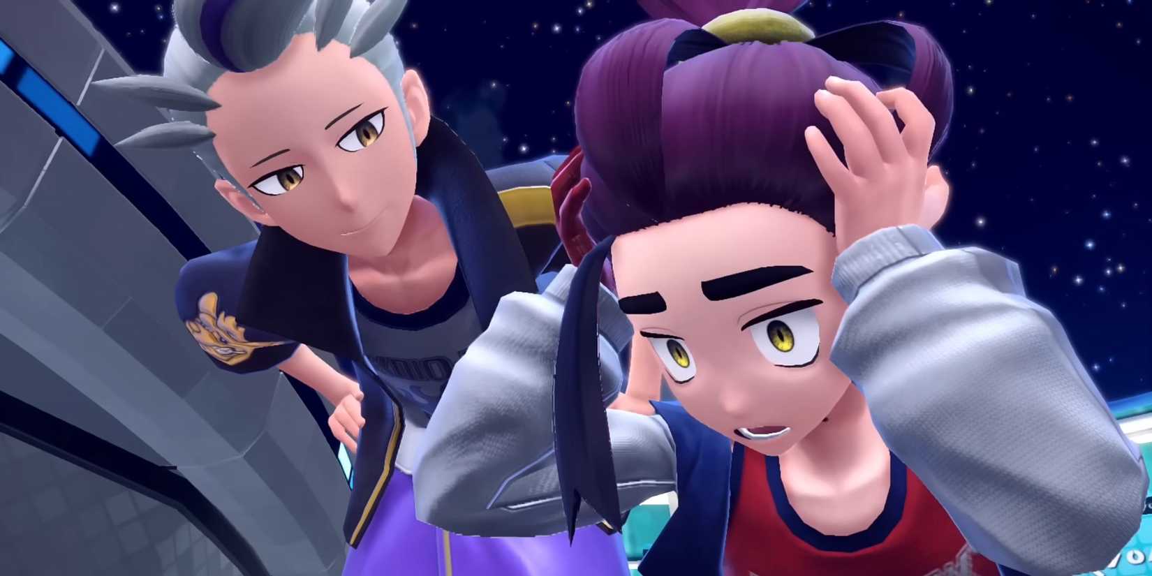 Drayton looking down at Kieran who hols his head in his hands in Pokemon Scarlet and Violet