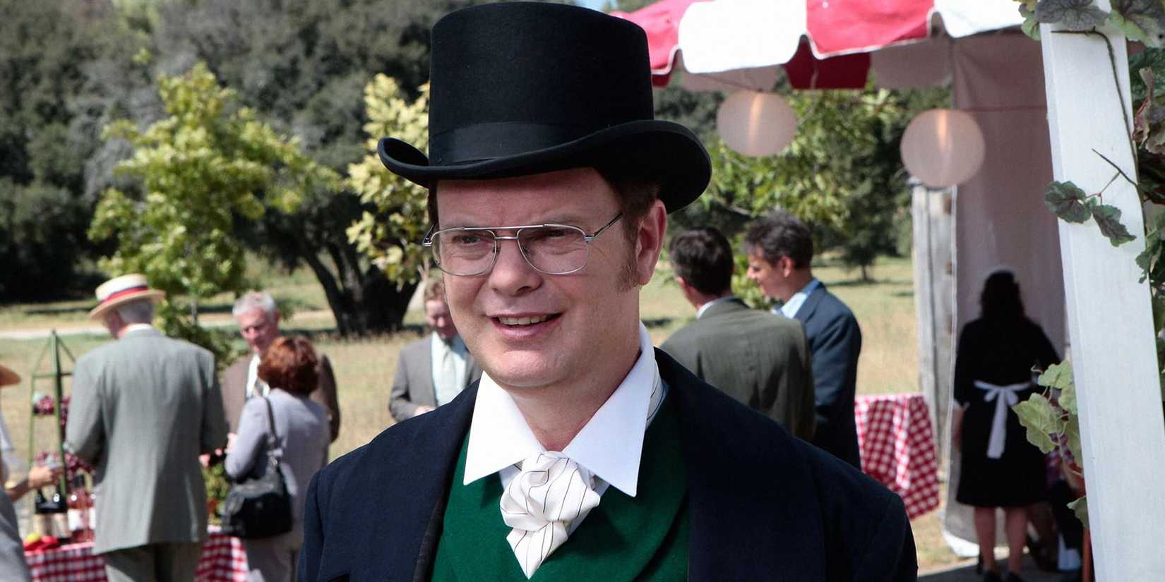 Dwight (Rainn Wilson) dressed in a top hat in The Office Garden Party.