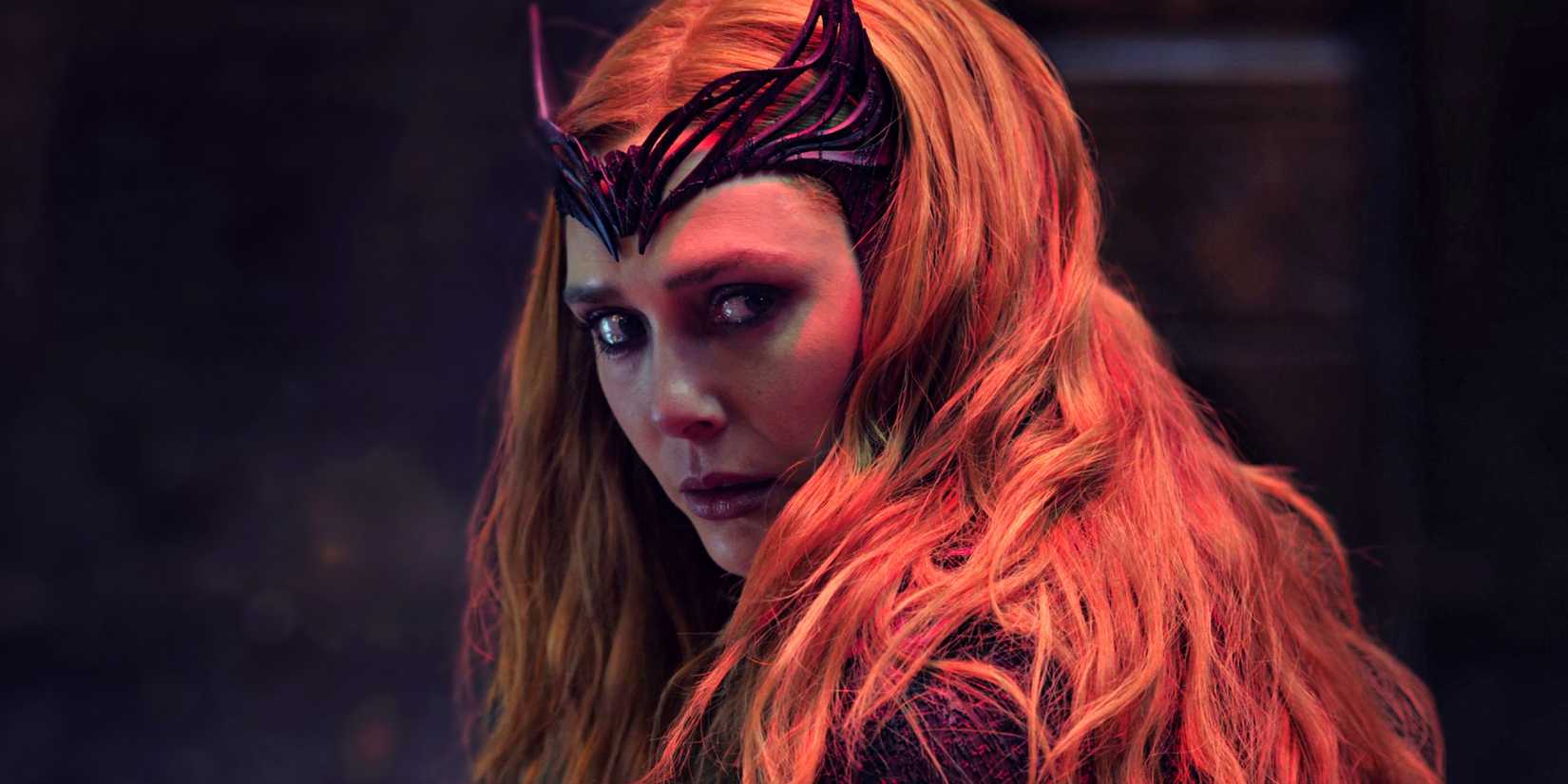 Elizabeth Olsen's Scarlet Witch with head turned back in Doctor Strange in the Multiverse of Madness