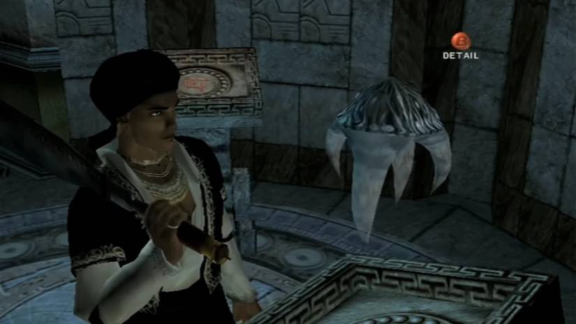 Eternal Darkness character standing near an artifact