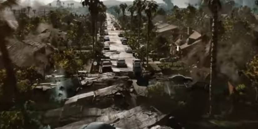 A neighborhood street in LA is destroyed by an earthquake in the disaster movie 2012